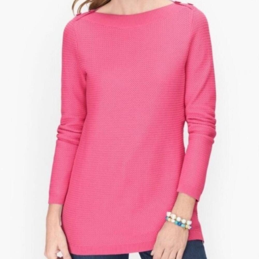 TALBOTS Pink Waffle BASKET WEAVE‎ SWEATER SOLID Boat Neck Button Size Large
